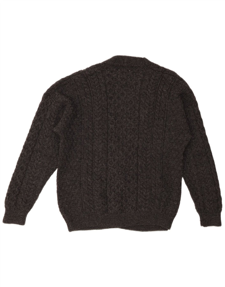 VINTAGE Pull Cardigan Homme Gris Moyen Laine Vierge