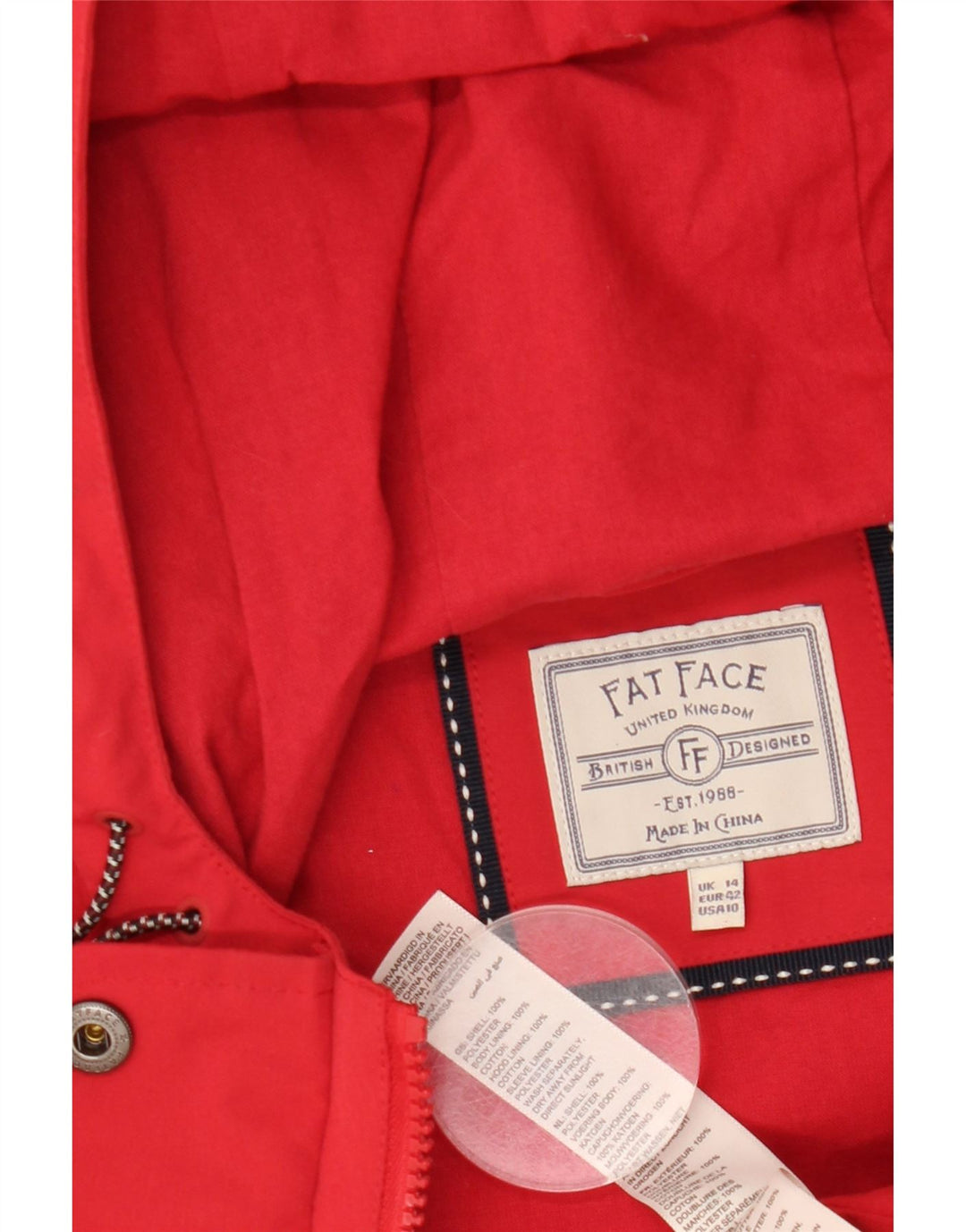 Fat Face Veste Parka à capuche pour femme UK 14 Large Rouge Polyester