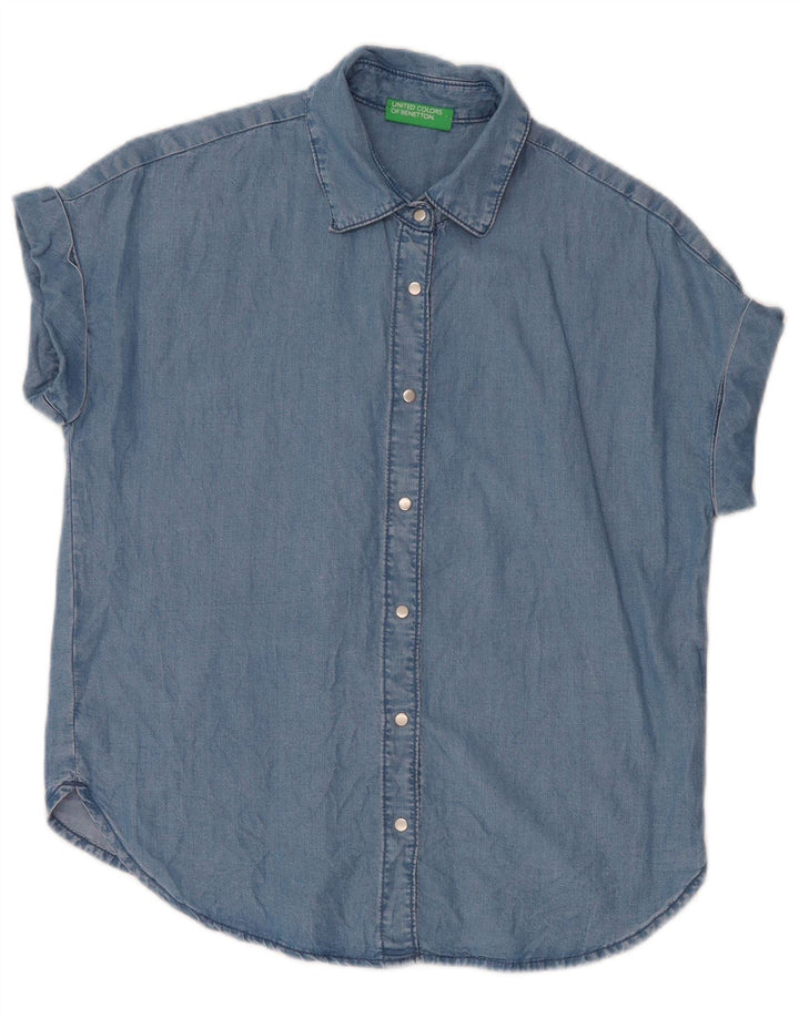 BENETTON Chemise à manches courtes pour femme UK 14 Bleu moyen