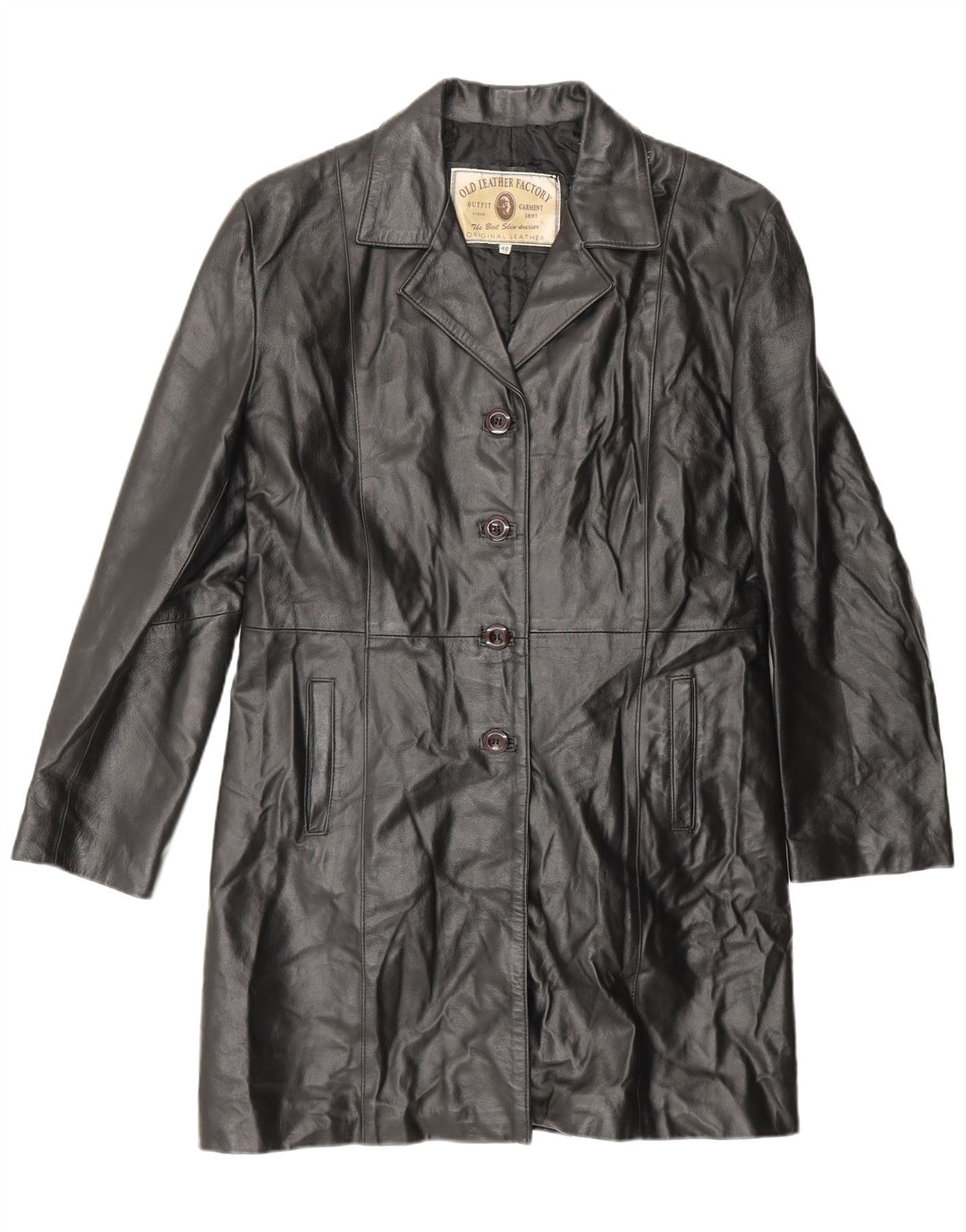 VINTAGE Manteau en Cuir Femme IT 48 XL Cuir Noir