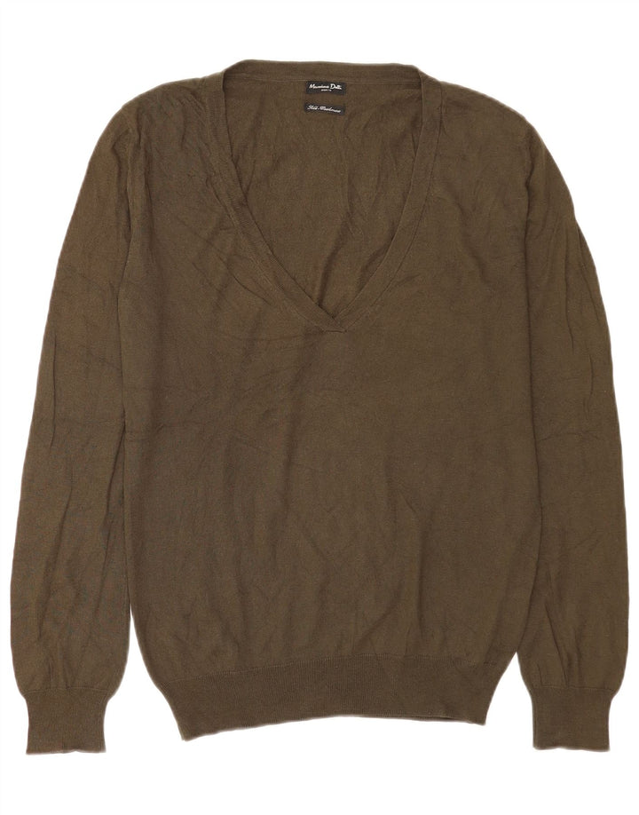 Massimo Dutti Pull col V pour femme UK 14 Soie kaki moyen