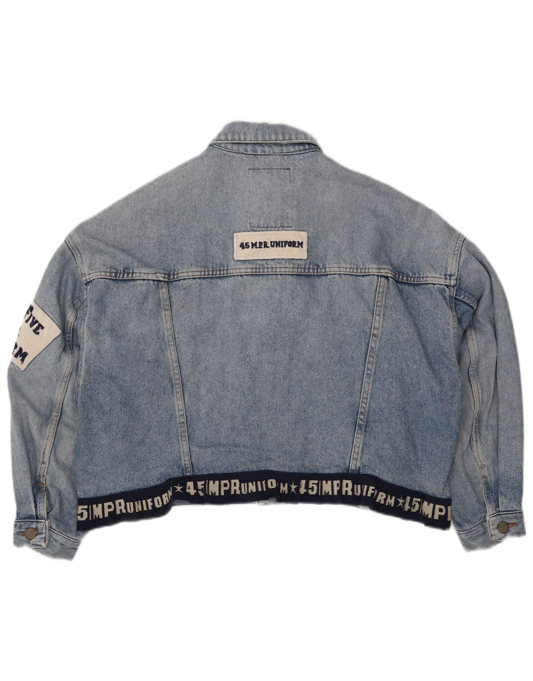 UNIFORM Veste en jean crop graphique pour femme UK 14 Large Bleu