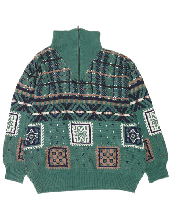 vintage Mens Zip Neck Jumper Pull Grand Vert Géométrique Polyacrylique