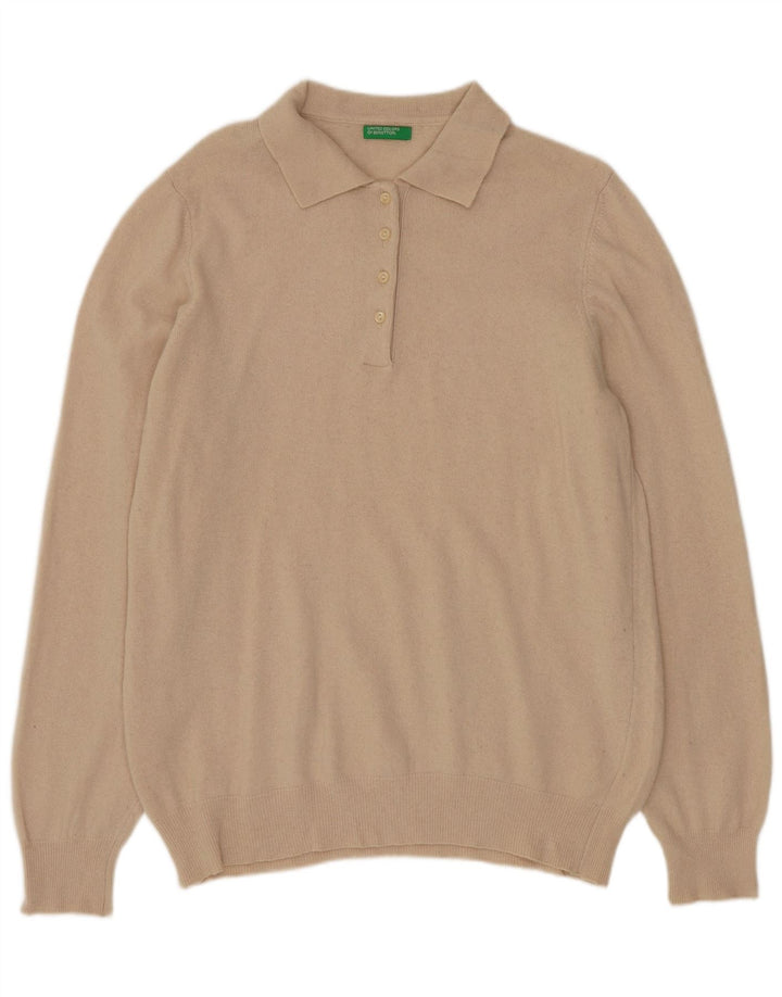 BENETTON Pull à col polo pour femme UK 16 Grande laine beige