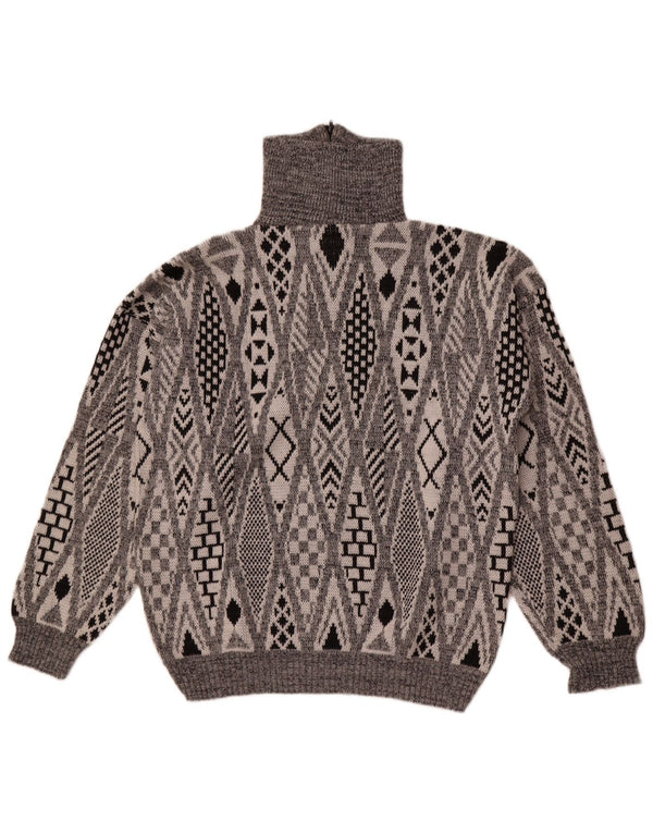 vintage Mens Zip Neck Jumper Pull Grand Gris Géométrique Acrylique