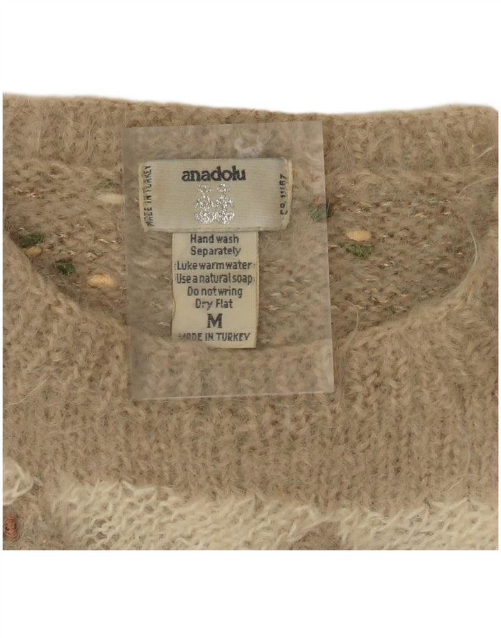 vintage Femme Bateau Cou Jumper Pull UK 12 Moyen Beige Argyle/Diamant