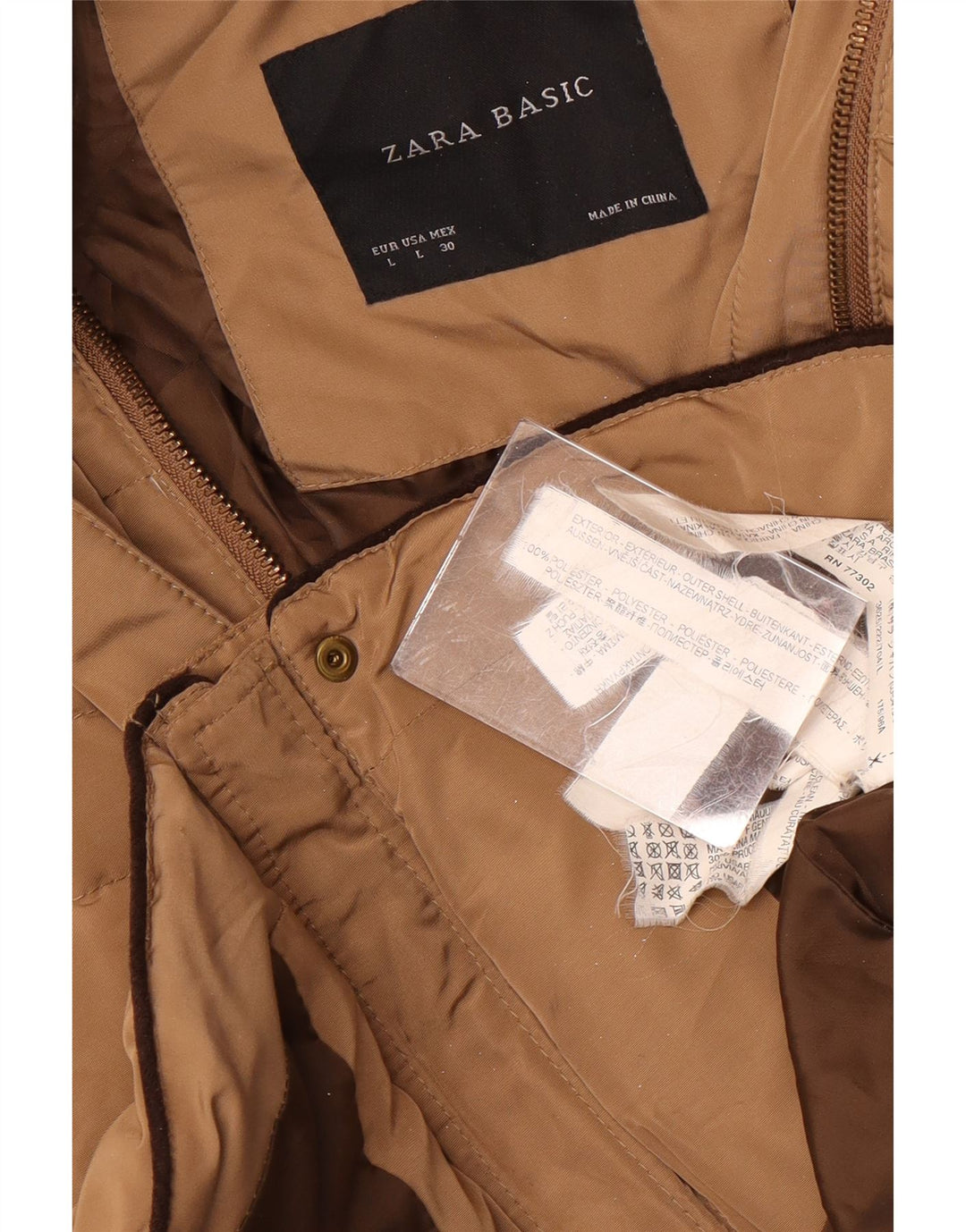 Zara Veste matelassée à capuche pour femme UK 14 Large Marron Polyester