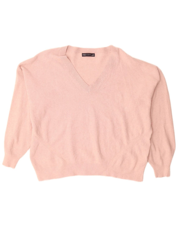 MARKS & SPENCER Pull col V pour femme UK 18 XL Viscose Rose