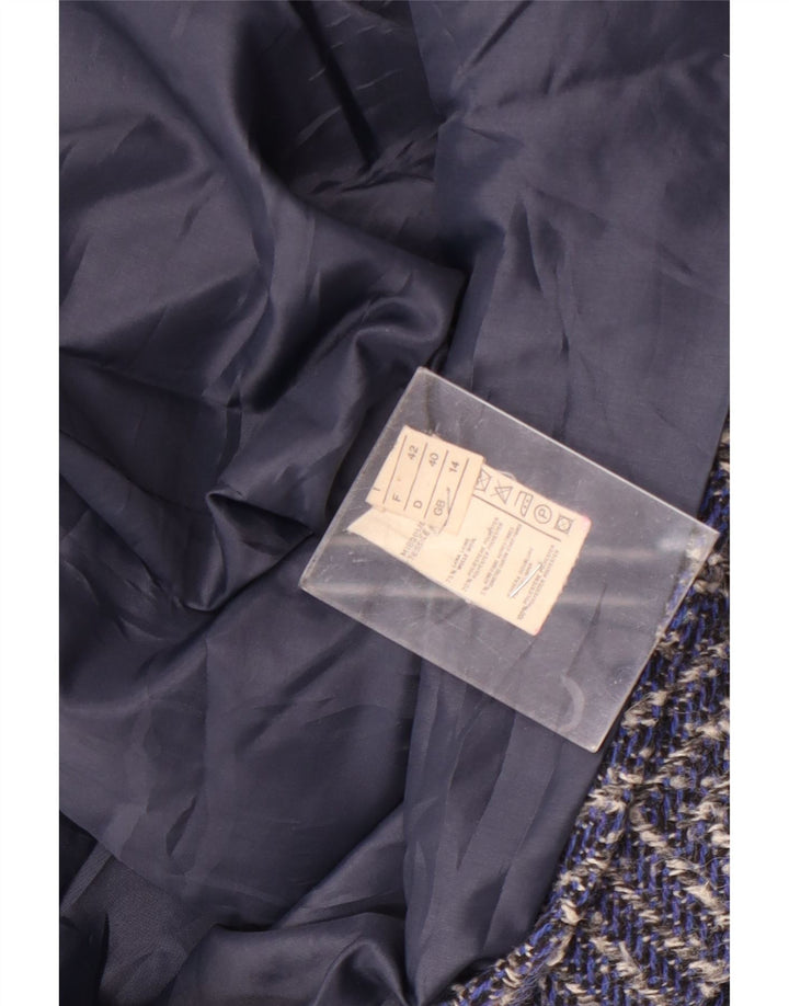 vintage Femme Double Breasted Coat UK 14 Grande Laine Chevron Bleu Marine