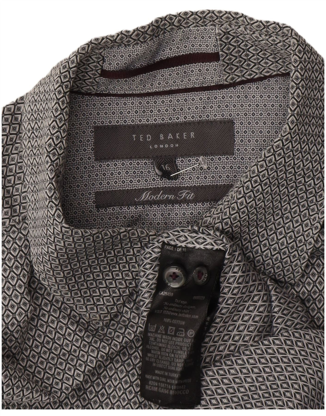 Ted Baker Chemise coupe moderne pour homme Taille 16 Grand Gris Géométrique