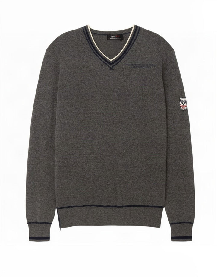 Zara Pull Graphique à Col V Homme Gris Moyen