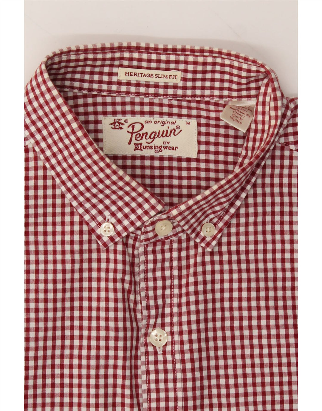 PENGUIN Mens Heritage Slim Fit Shirt Medium Red Gingham Cotton Vintage Penguin and Second-Hand Penguin from Messina Hembry 