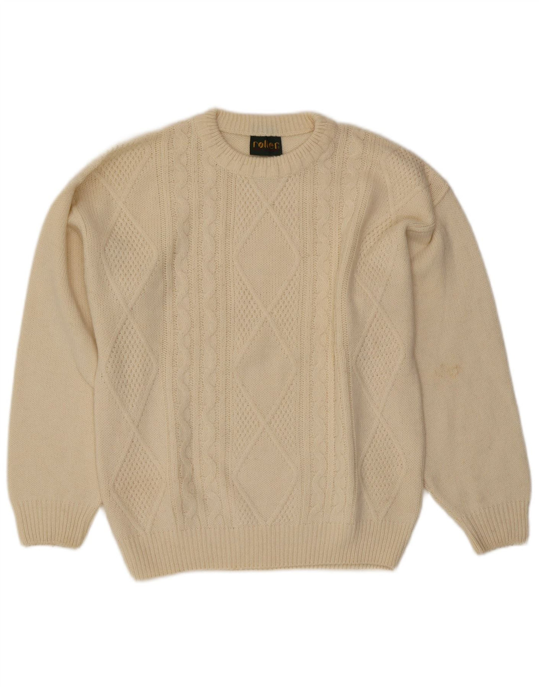 vintage Mens Crew Neck Jumper Pull Grand Off White Argyle/Diamond Laine