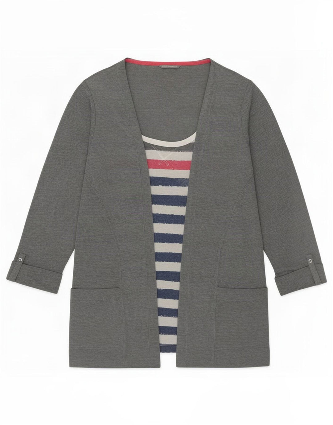 Marks & Spencer Haut Femme Manches 3/4 UK 14 Gris Moyen Rayé Polyester