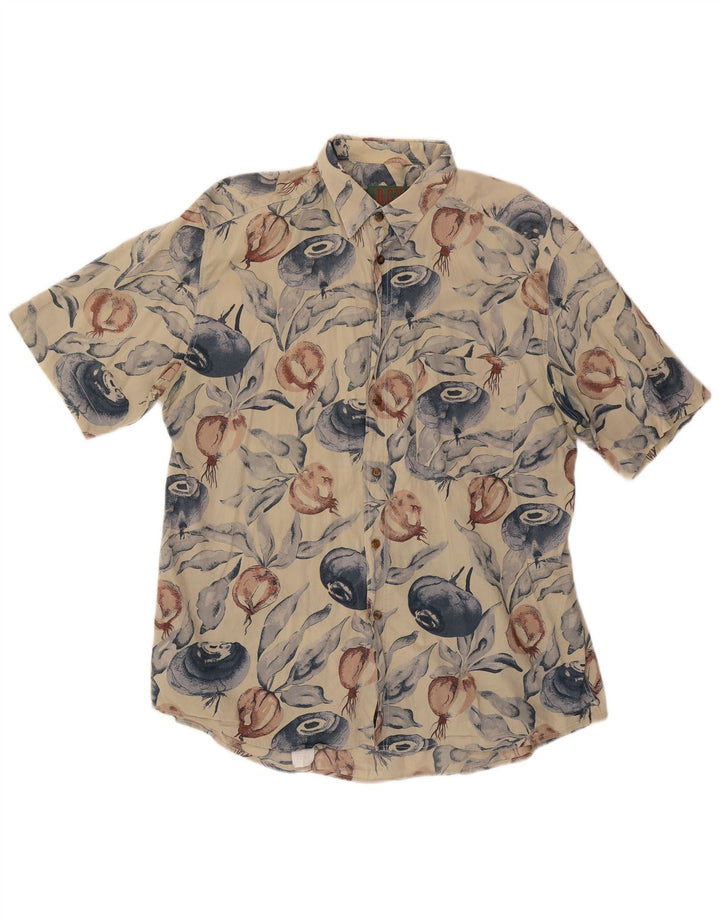vintage Mens Abstract Pattern Chemise à manches courtes Grand coton beige