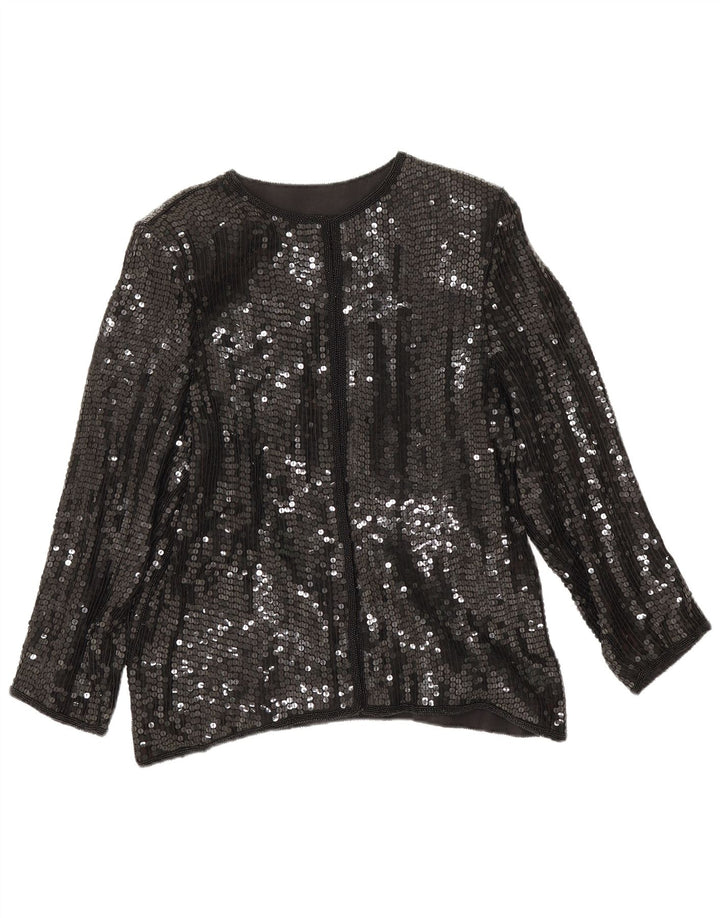 Chemisier chemise à paillettes femme vintage UK 14 soie noire moyenne