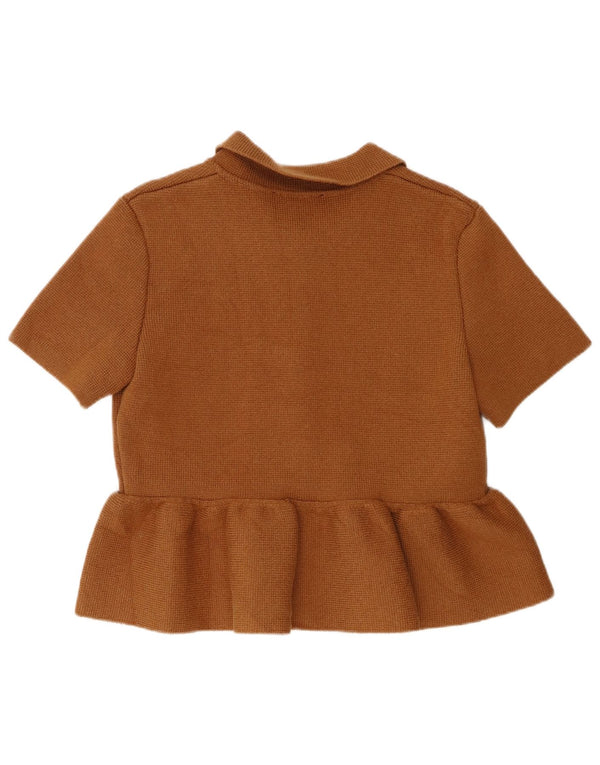 Zara Cardigan à manches courtes pour femme UK 14 Large Marron Coton