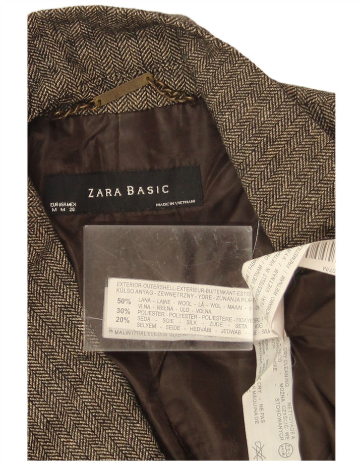 Zara Veste Blazer 1 Bouton Femme UK 12 Laine à Chevrons Marron Moyen