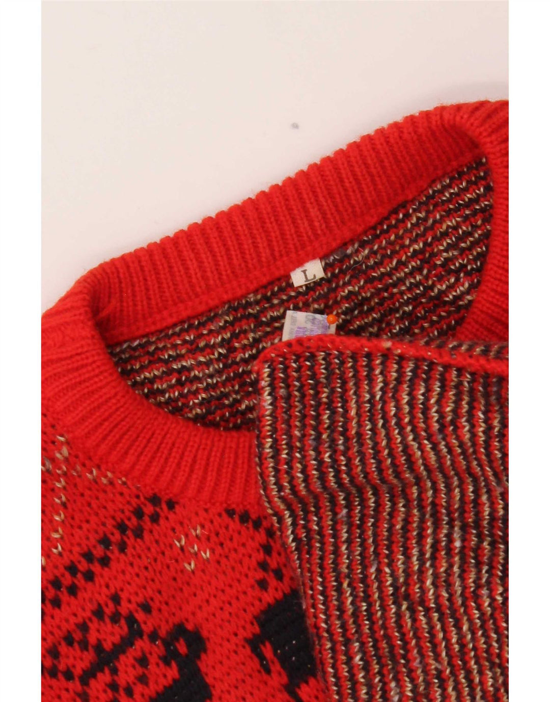 vintage Mens Crew Neck Jumper Pull Grande laine rouge Fair Isle