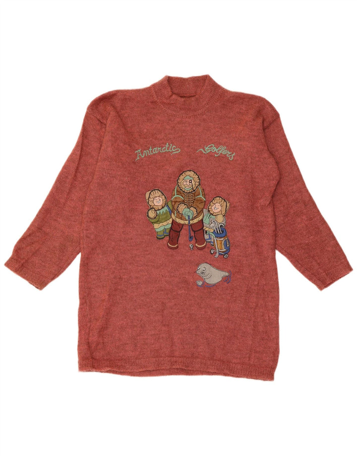 VINTAGE Pull graphique à col roulé pour femme UK 14 Marron moyen