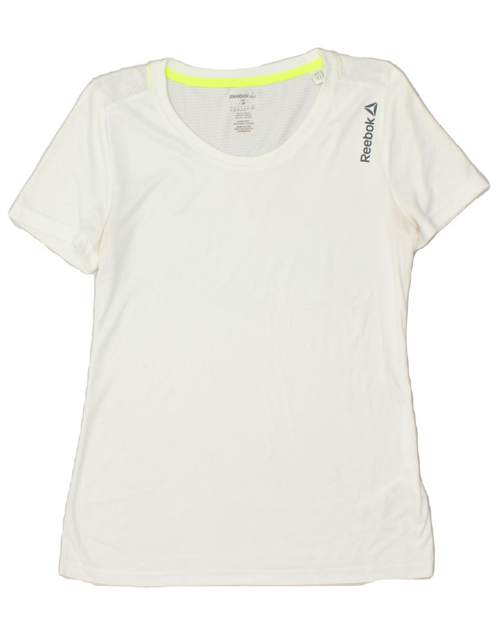 REEBOK Womens Graphic T-Shirt Top UK 10 Small White Polyester | Vintage Reebok | Thrift | Second-Hand Reebok | Used Clothing | Messina Hembry 