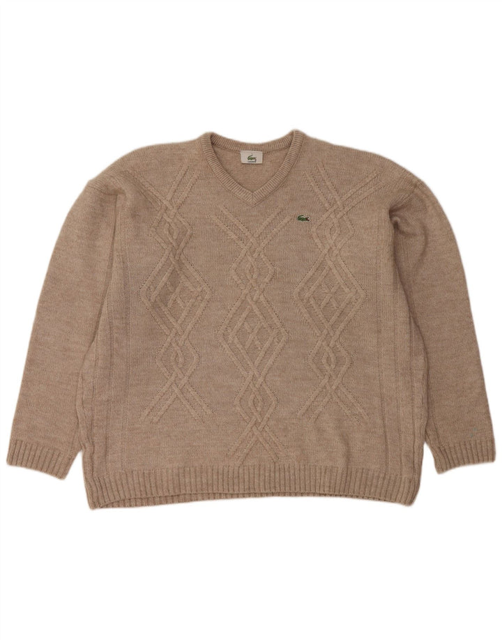 LACOSTE Homme Col V Pull Pull Taille 7 2XL Laine Beige