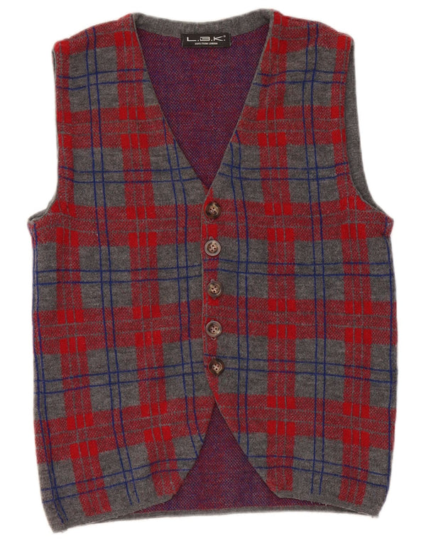 vintage Mens Cardigan sans manches Pull Petite laine à carreaux gris