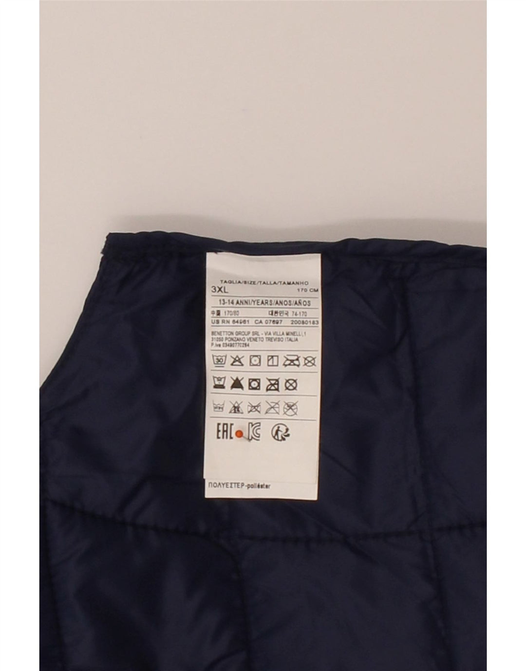 BENETTON Boys Padded Gilet 13-14 Years 3XL Navy Blue Polyester Vintage Benetton and Second-Hand Benetton from Messina Hembry 