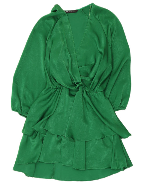 Zara Robe à volants à manches 3/4 pour femme UK 10 Small Vert Polyester