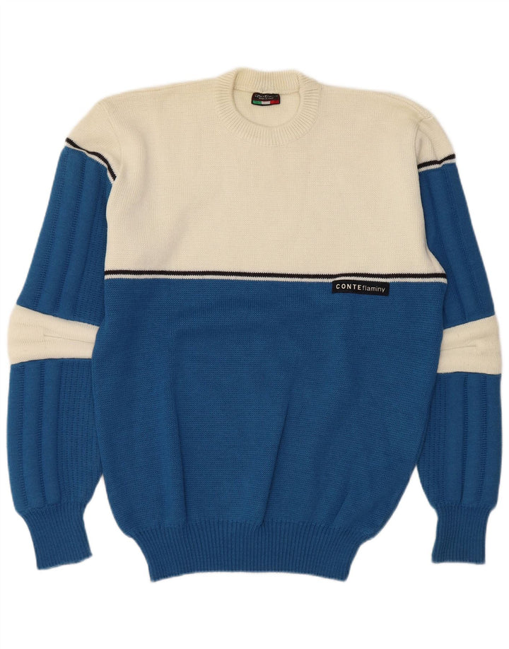 vintage Mens Crew Neck Jumper Pull Grande Laine Colorblock Bleue