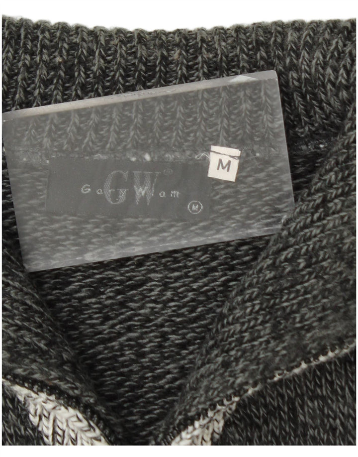 vintage Mens Zip Neck Jumper Pull Moyen Gris Rayé Acrylique