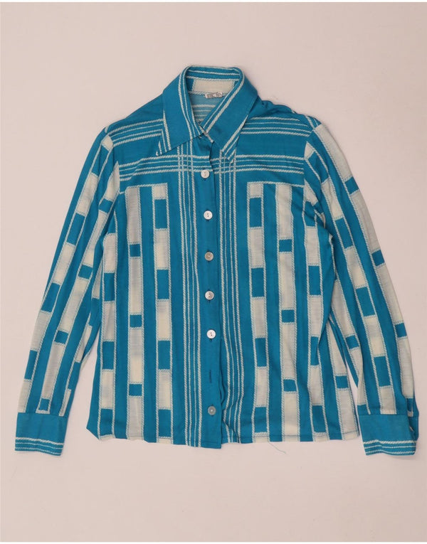 Vintage Womens Shirt Blouse UK 14 Medium Blue Geometric Polyacrylic