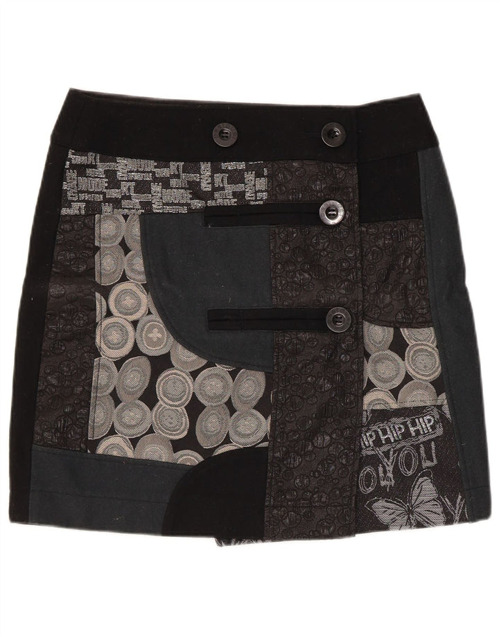 Desigual Femmes Graphique Mini Jupe Portefeuille EU 38 Moyen W32 Noir Patchwork