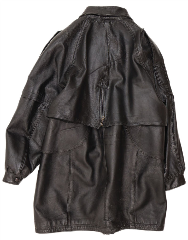 manteau en cuir surdimensionné femme vintage UK 16 Grand Noir