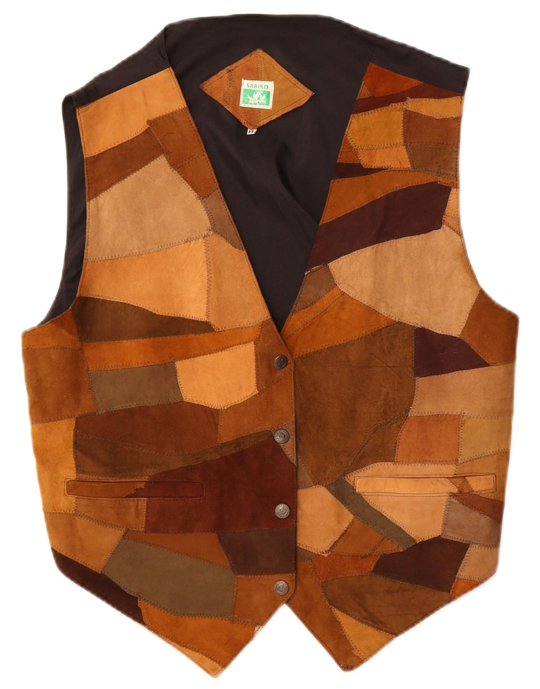 gilet en daim femme vintage UK 14 cuir patchwork brun moyen