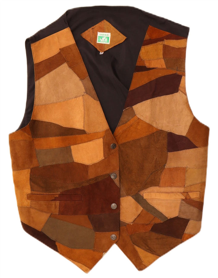 gilet en daim femme vintage UK 14 cuir patchwork brun moyen