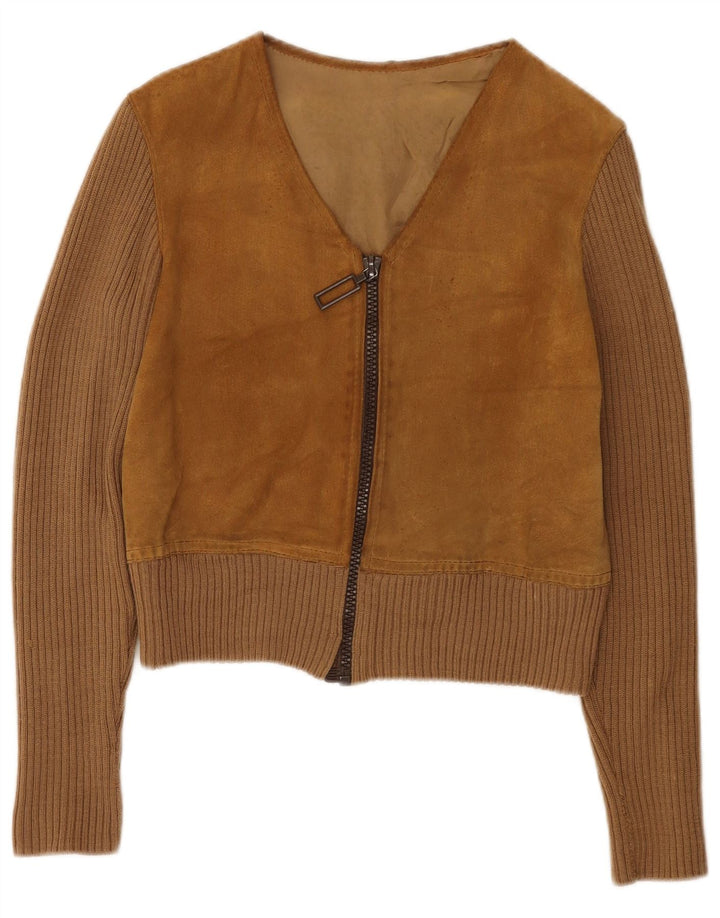 veste en daim crop femme vintage UK 14 brun moyen