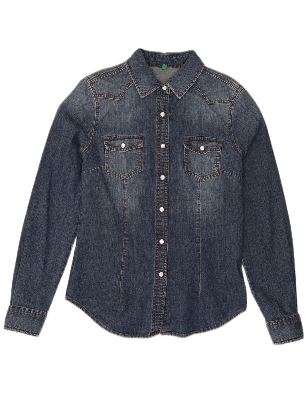Benetton Chemise en jean graphique pour femme UK 12 Bleu moyen Coton