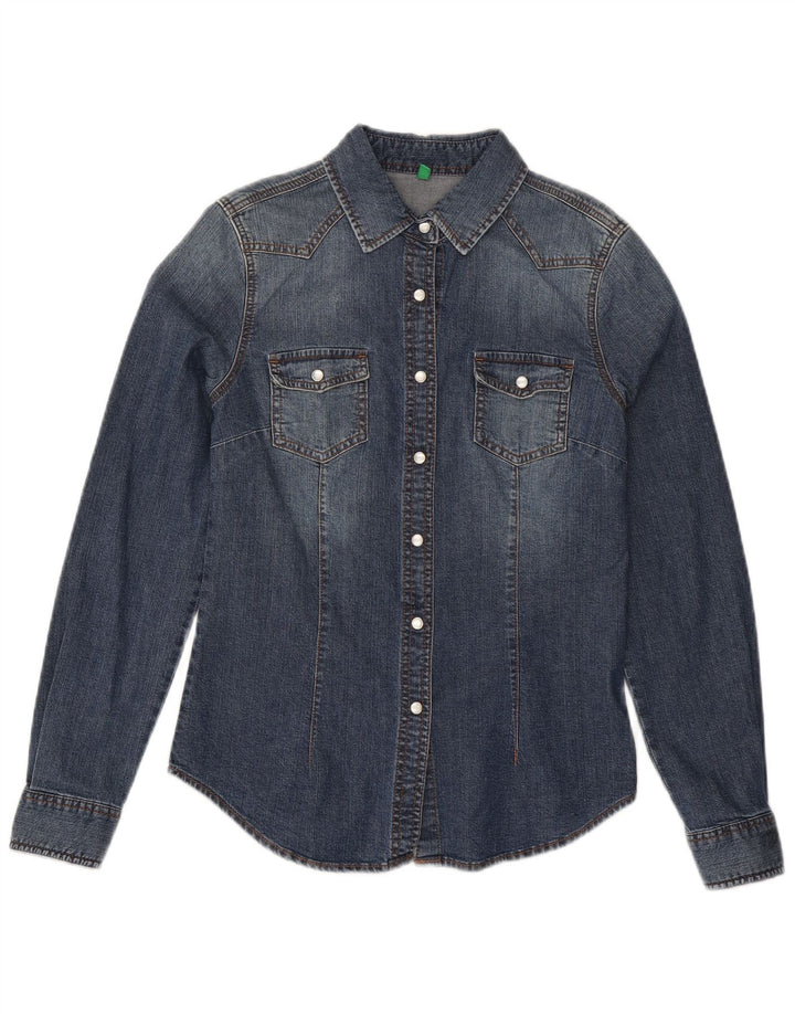 Benetton Chemise en jean graphique pour femme UK 12 Bleu moyen Coton