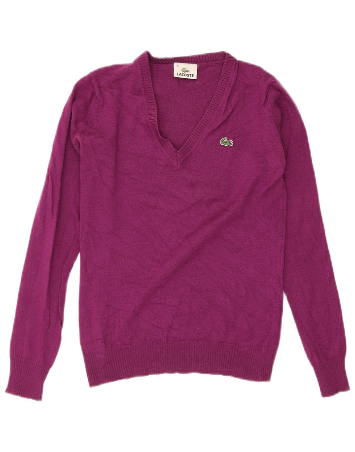 Lacoste Femme Col V Pull Pull Taille 36 Petite Laine Violette