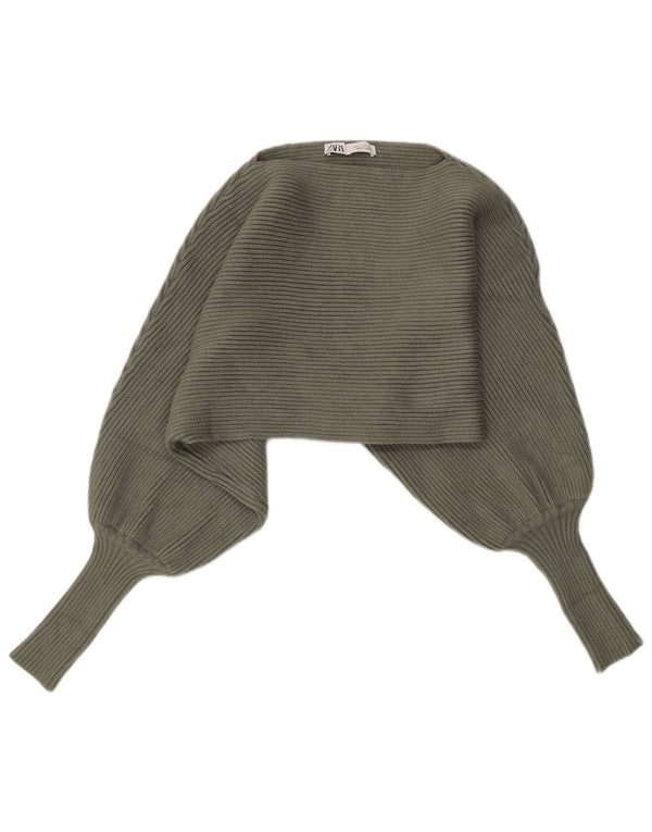Zara Womens Batwing Crop Boat Neck Jumper Pull UK 10 Petit Vert Viscose