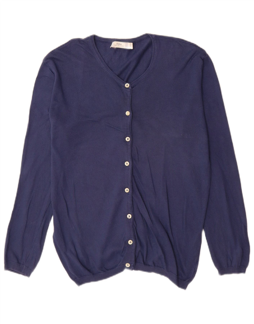 Zara Femme Cardigan Pull UK 14 Moyen Bleu Marine Coton