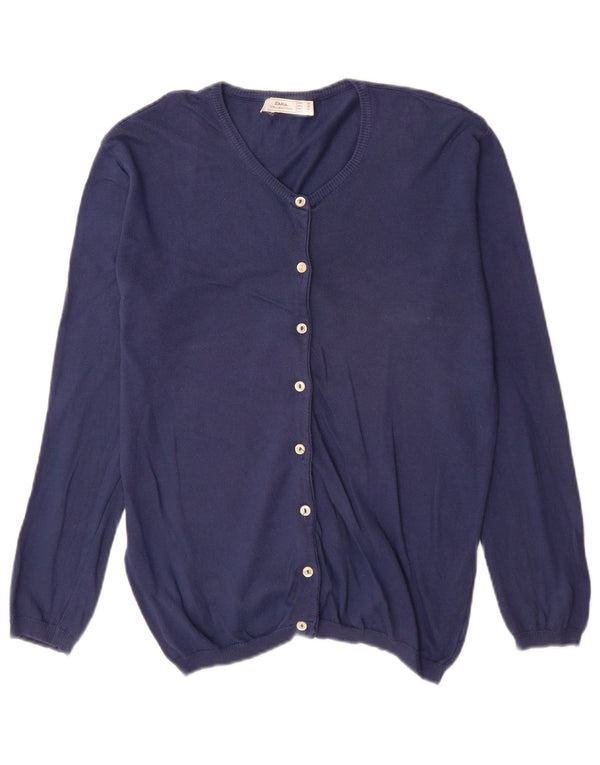 Zara Femme Cardigan Pull UK 14 Moyen Bleu Marine Coton