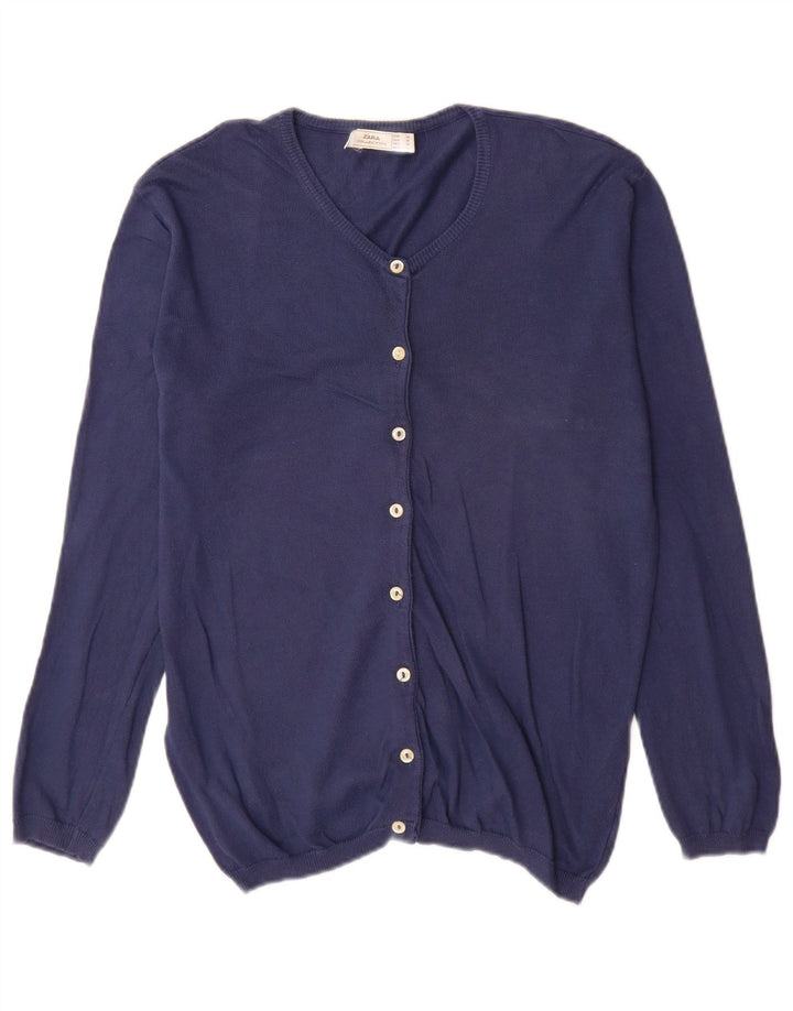 Zara Femme Cardigan Pull UK 14 Moyen Bleu Marine Coton