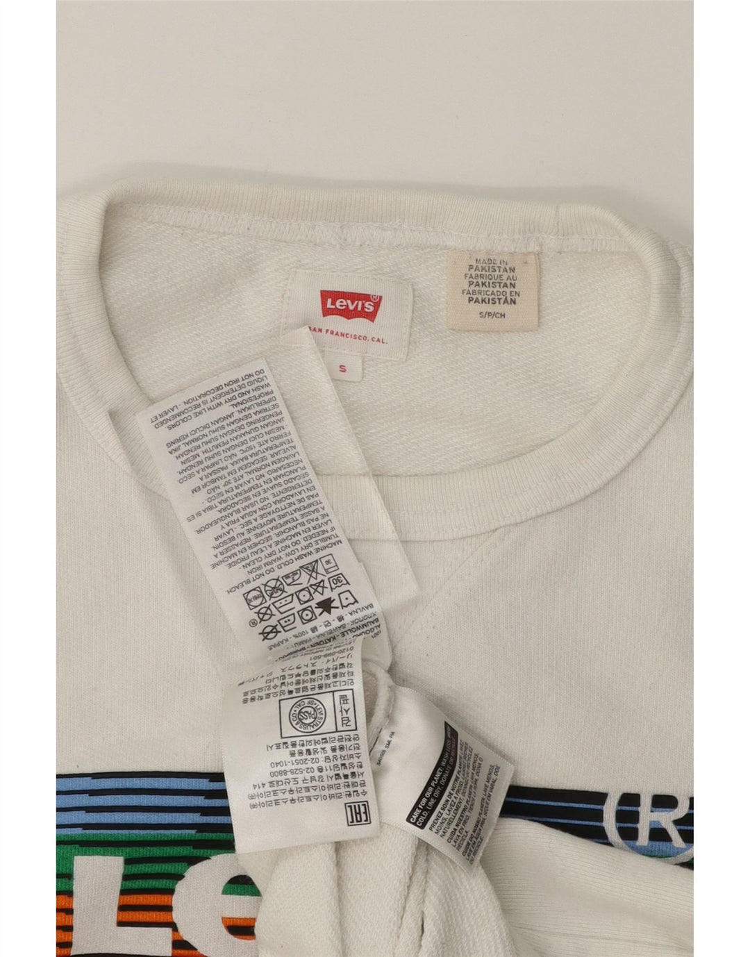 LEVI'S Mens Graphic Sweatshirt Jumper Small White Cotton Vintage Levi's and Second-Hand Levi's from Messina Hembry 