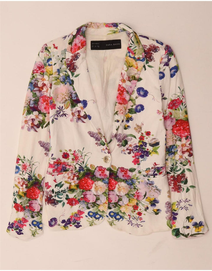 Zara Veste Blazer 1 Bouton Femme UK 10 Petite Viscose Florale Blanche