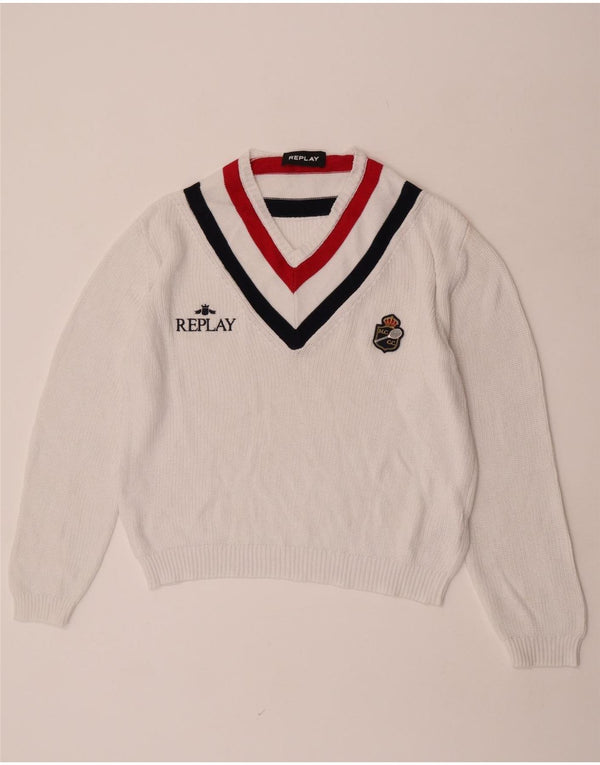 Replay Pull graphique à col en V pour femme UK 16 Large Blanc Colorblock