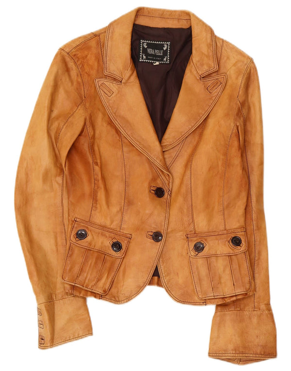 VINTAGE Veste blazer en cuir à 2 boutons pour femme IT 44 Cuir beige moyen