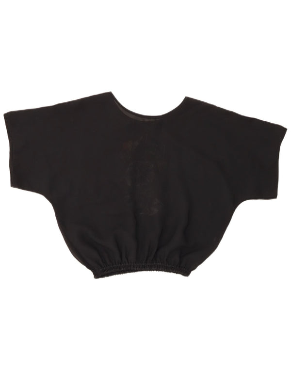 vintage Femmes Crop Blouse Top UK 14 Moyen Noir Floral