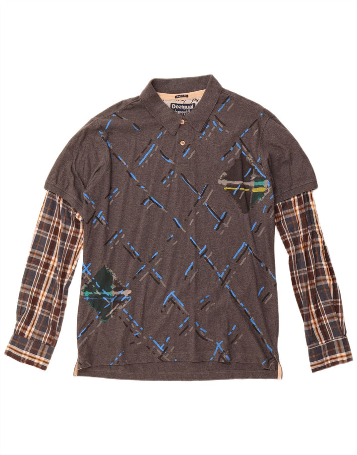 Desigual Polo Regular Manches Longues Homme XL Gris Carreaux Coton